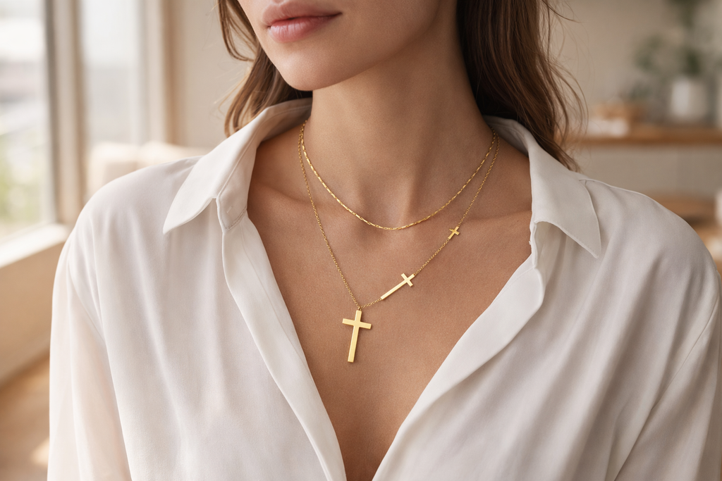 Collier Croix Doré Double Rang – Élégance Divine en Acier Inoxydable