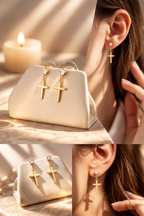 Boucles d’Oreilles Croix Dorée – Symbole de Foi & Lumière