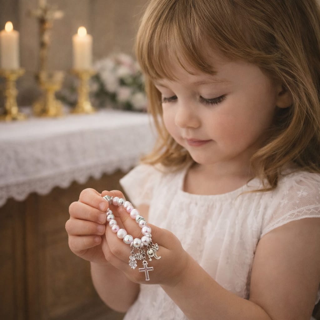 Bracelet fantaisie de perles religieuses — Ailes d’ange et croix perlée, rose ou blanc