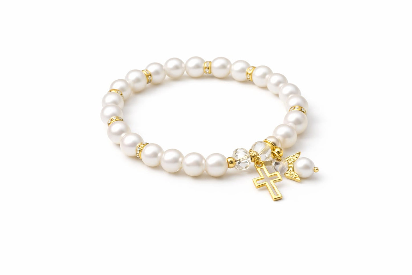 Bracelet fantaisie de perles religieuses — Ailes d’ange et croix perlée, rose ou blanc