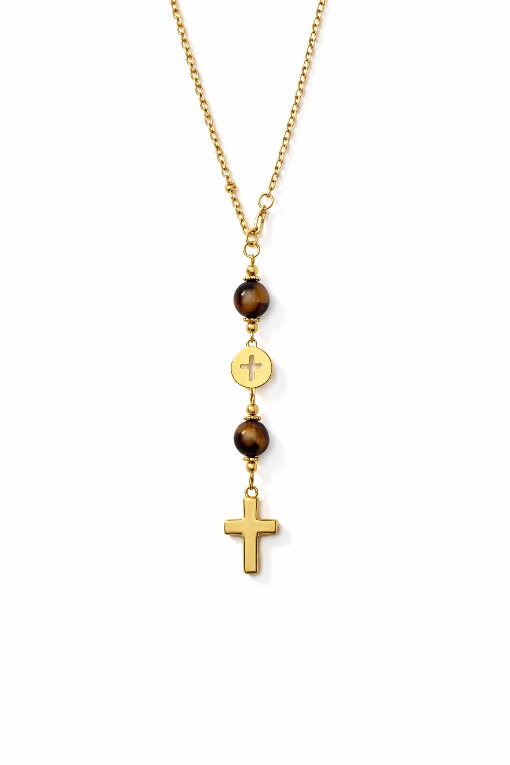 Breloque de Voiture Croix Dorée – Suspension Catholique avec Perles Œil de Tigre pour Rétroviseur