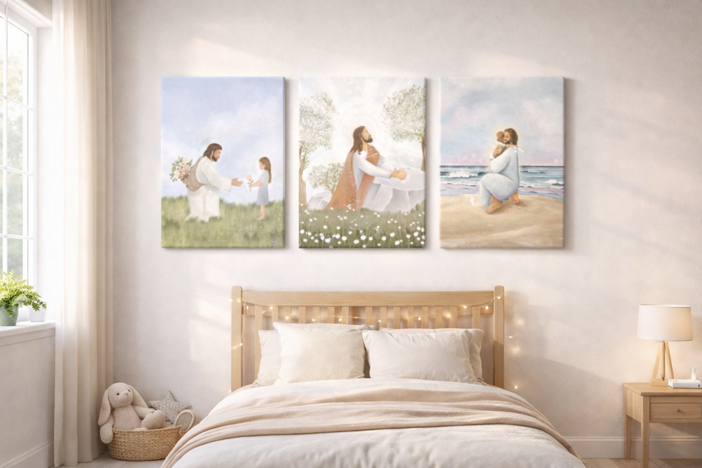 Triptyque Jésus et Enfant – Tableaux Muraux Catholiques Aquarelle Pastel 2D - 3 pièces
