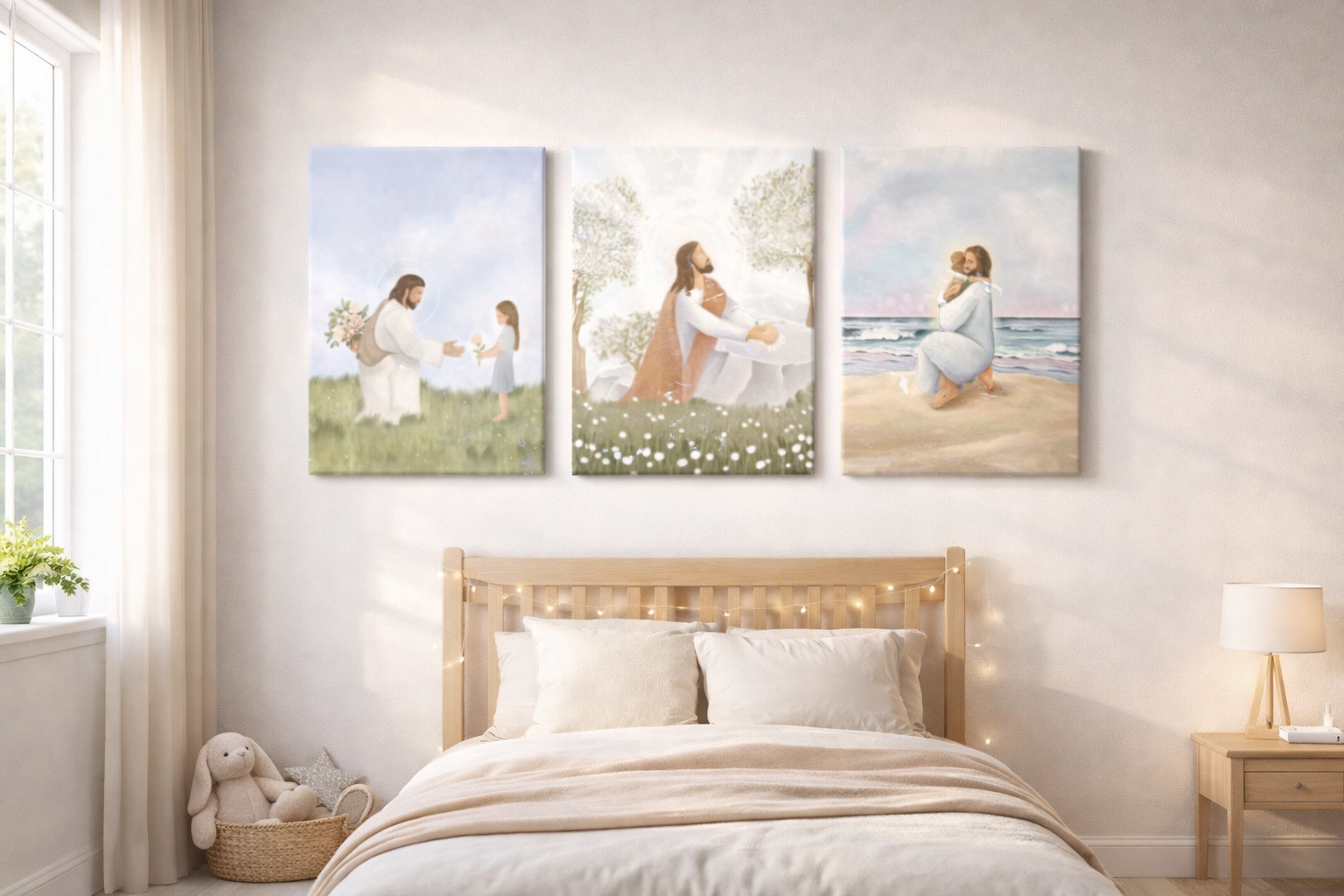 Triptyque Jésus et Enfant – Tableaux Muraux Catholiques Aquarelle Pastel 2D - 3 pièces