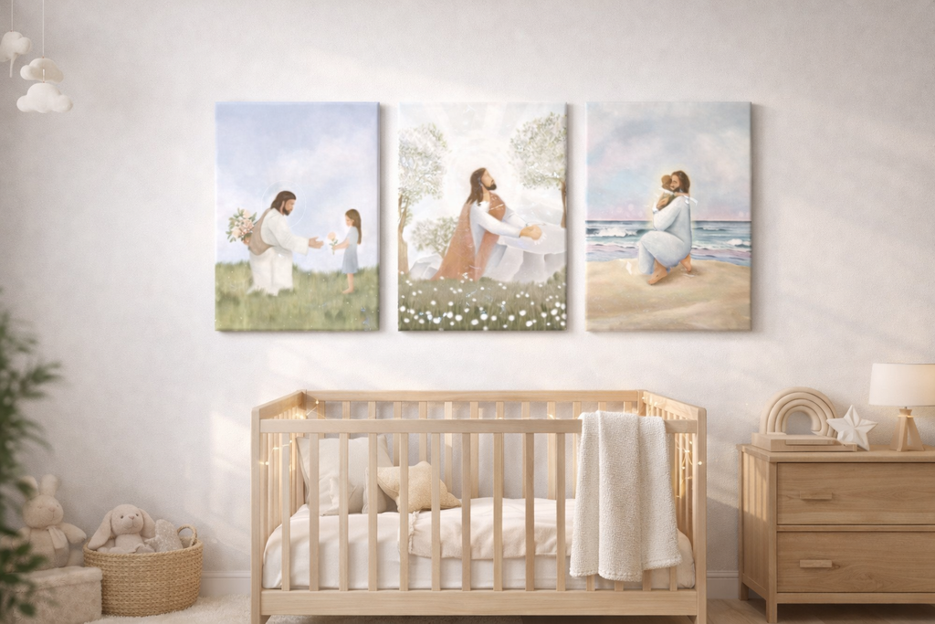 Triptyque Jésus et Enfant – Tableaux Muraux Catholiques Aquarelle Pastel 2D - 3 pièces