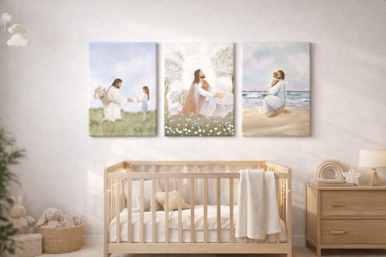 Triptyque Jésus et Enfant – Tableaux Muraux Catholiques Aquarelle Pastel 2D - 3 pièces