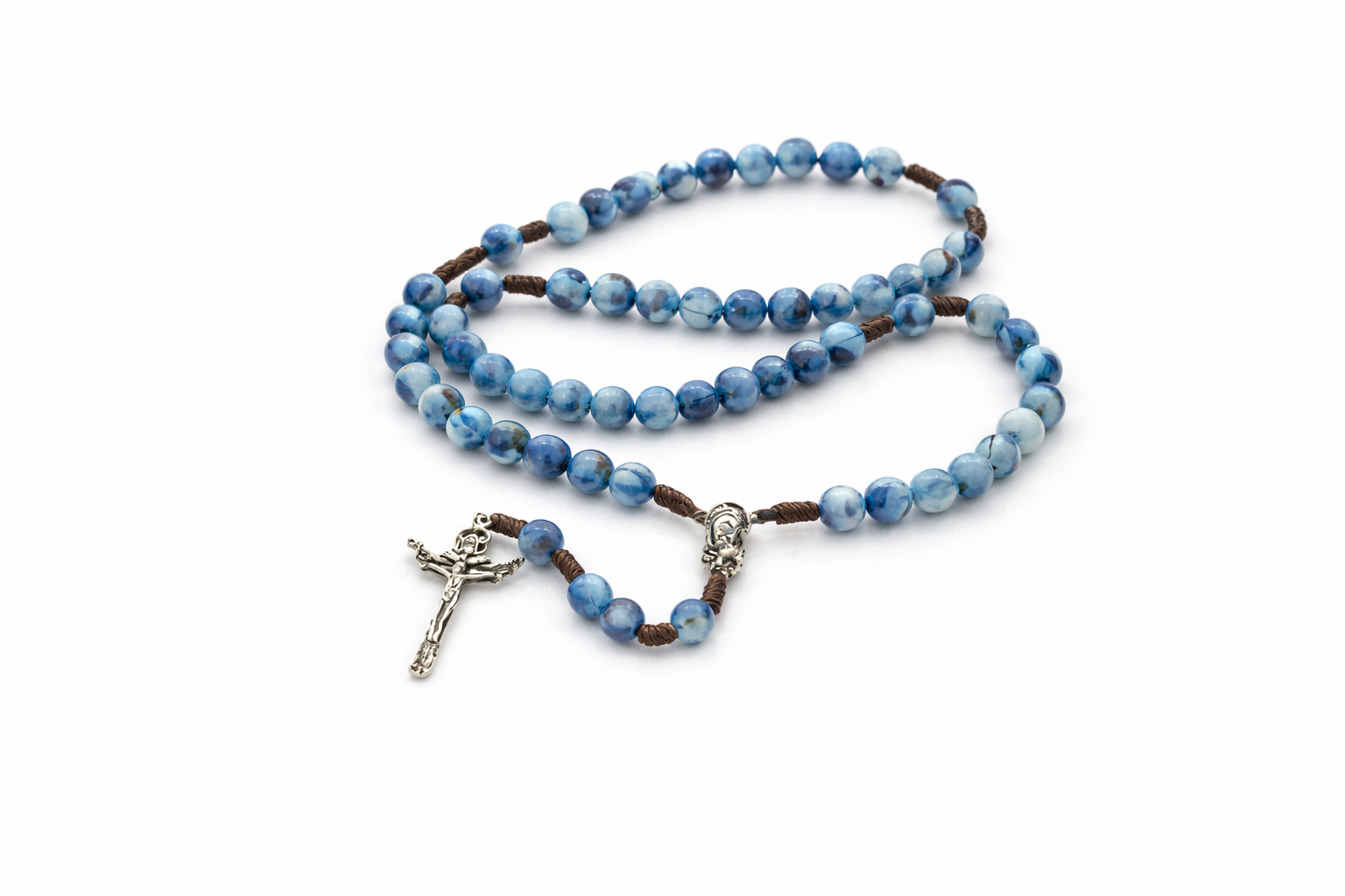 Chapelet Catholique Traditionnel Bleu Marbré – Perles en Verre & Croix Métallique