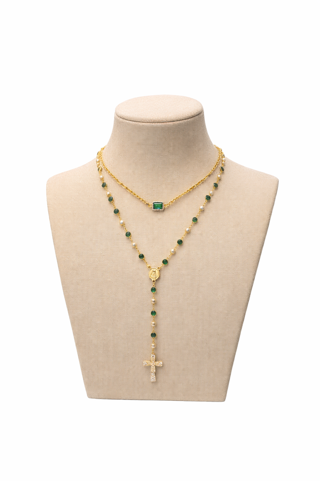 Ensemble chapelet-collier Élégance Sacrée – Doré & Pierres Vertes