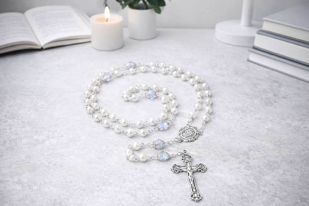 Chapelet catholique perles blanches nacrées – Collier de prière élégant