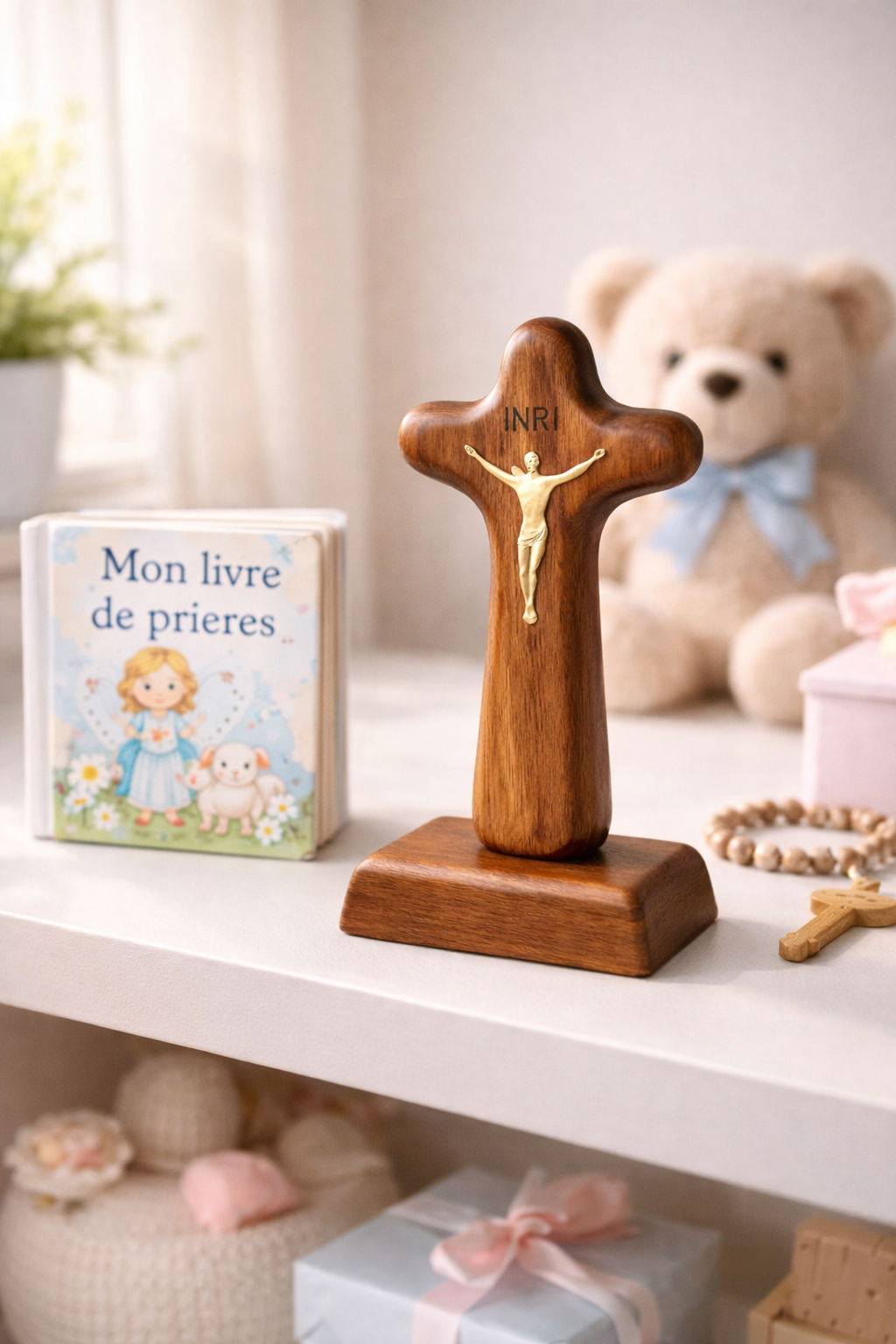 Croix Catholique en Bois – Édition Baptême