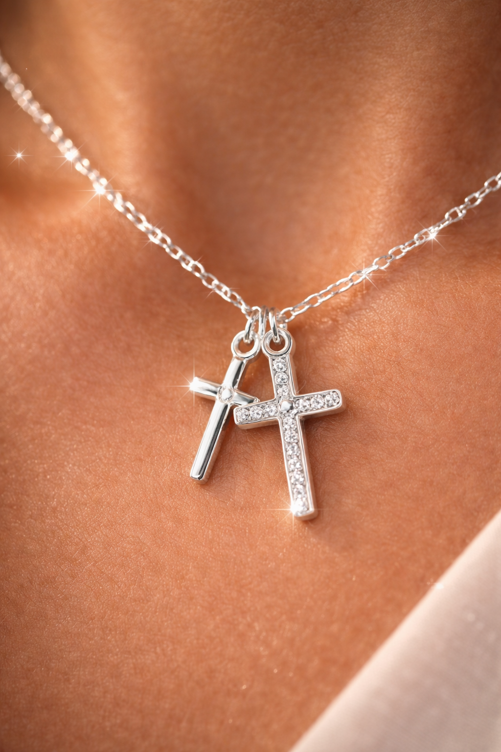 Collier Double Croix Femme en Argent Sterling S925 – Zirconia