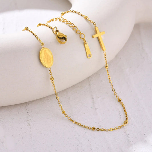 Collier avec pendentif Vierge Marie et croix de Jésus — Acier inoxydable