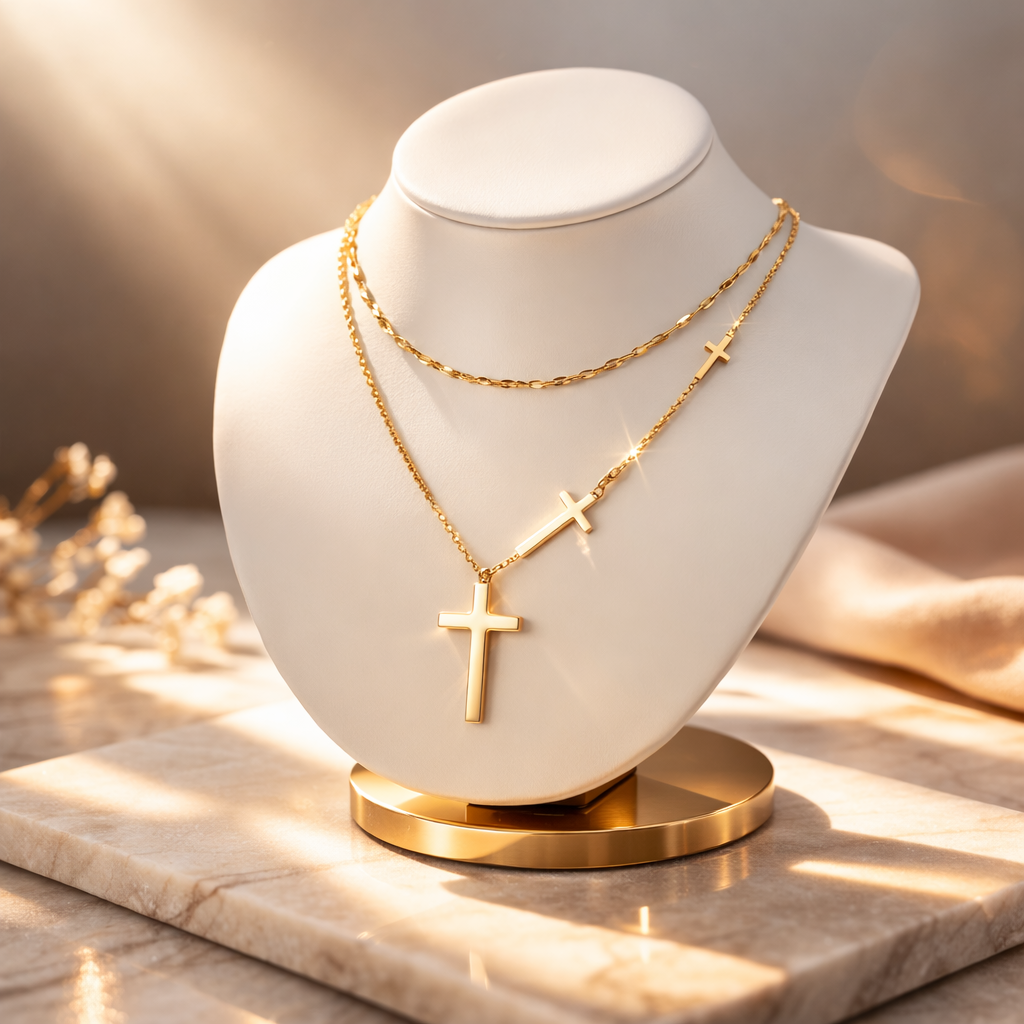 Collier Croix Doré Double Rang – Élégance Divine en Acier Inoxydable