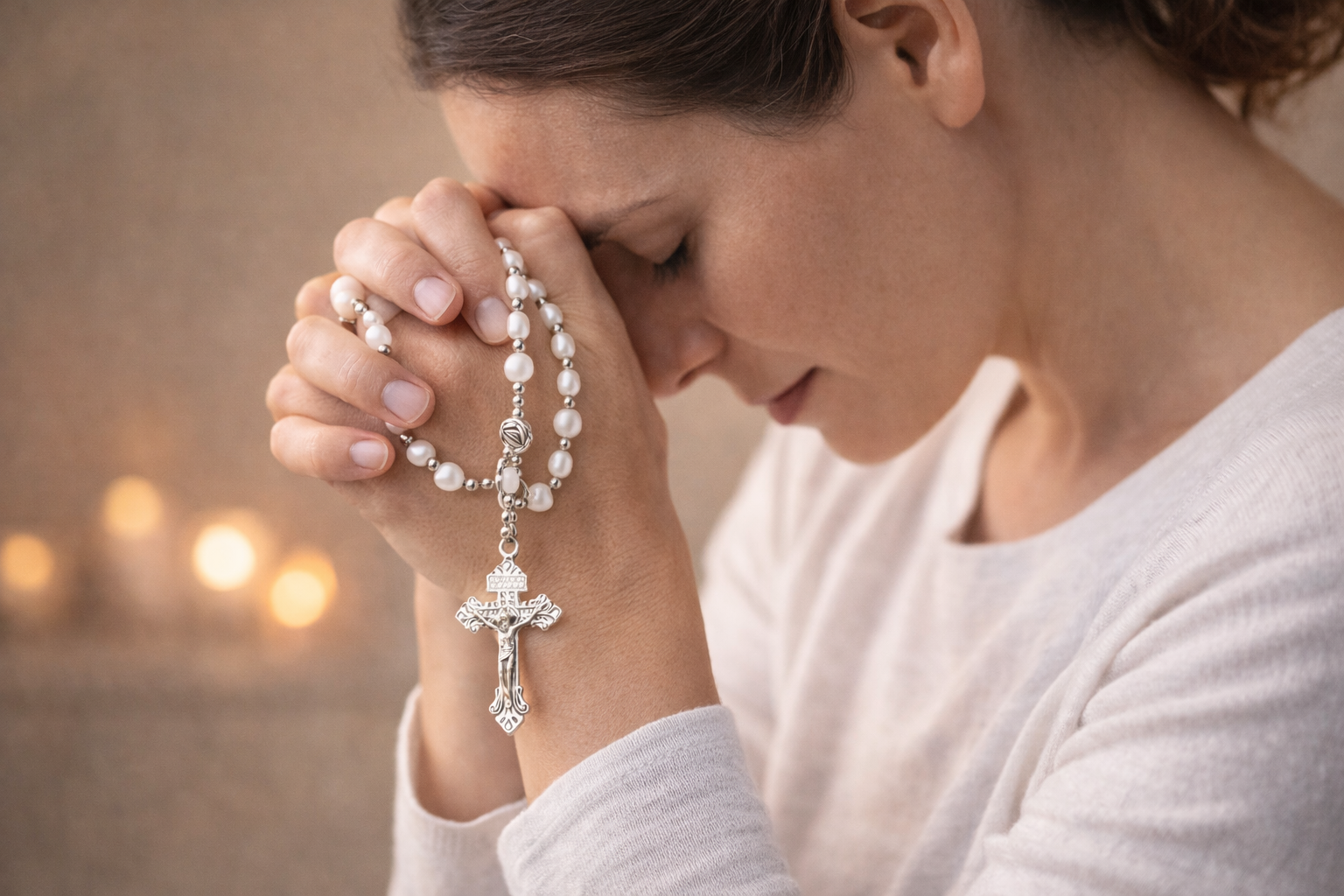 Chapelet Perles Roses et Œil de Chat Blanc – Bijou Catholique Mixte