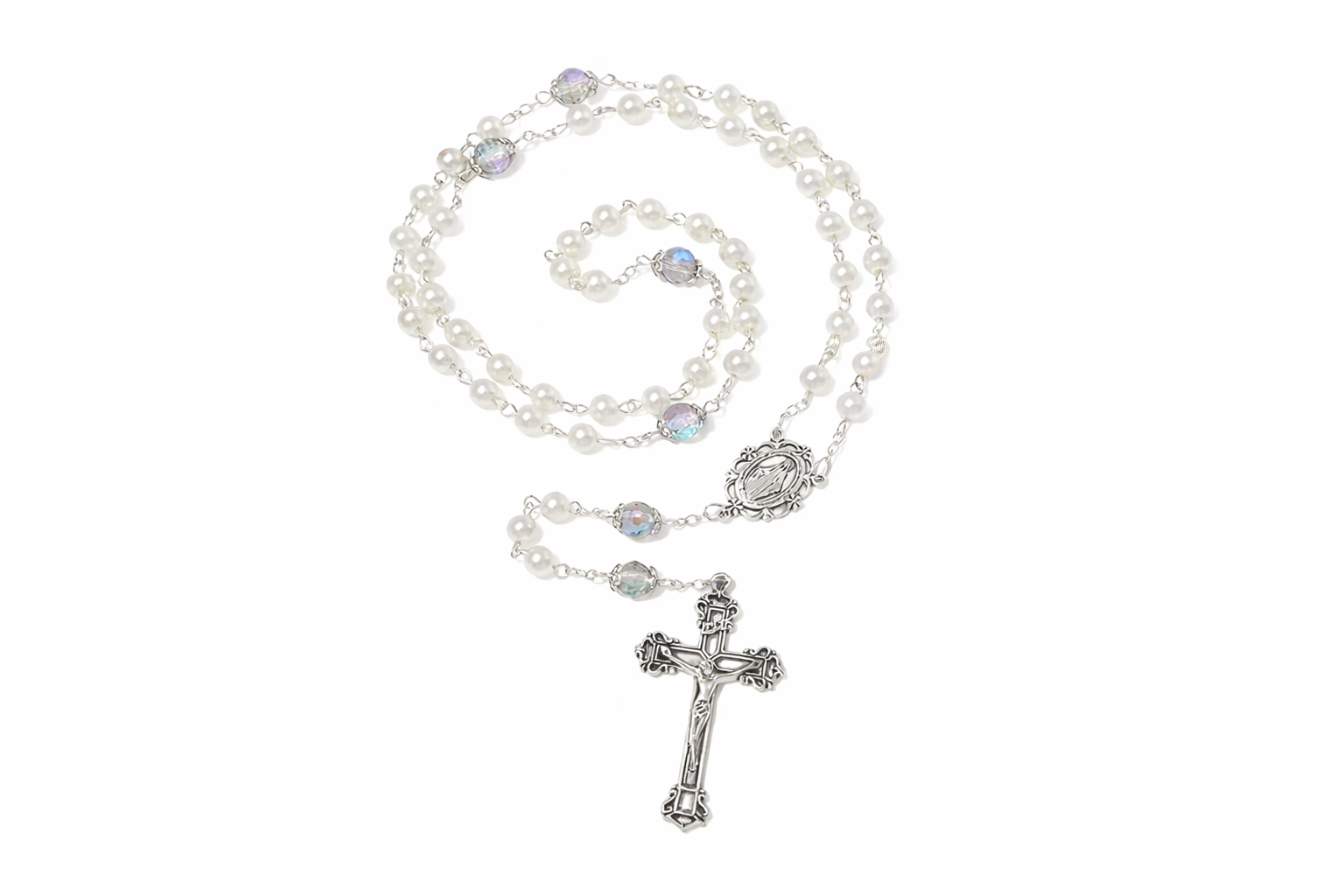 Chapelet catholique perles blanches nacrées – Collier de prière élégant