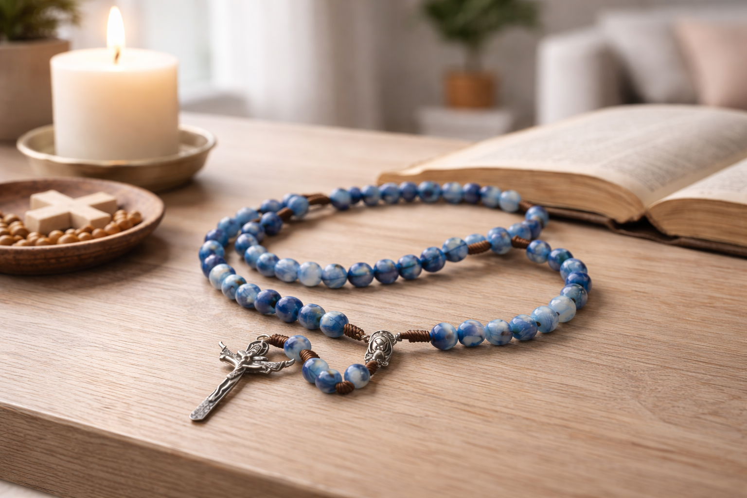 Chapelet Catholique Traditionnel Bleu Marbré – Perles en Verre & Croix Métallique