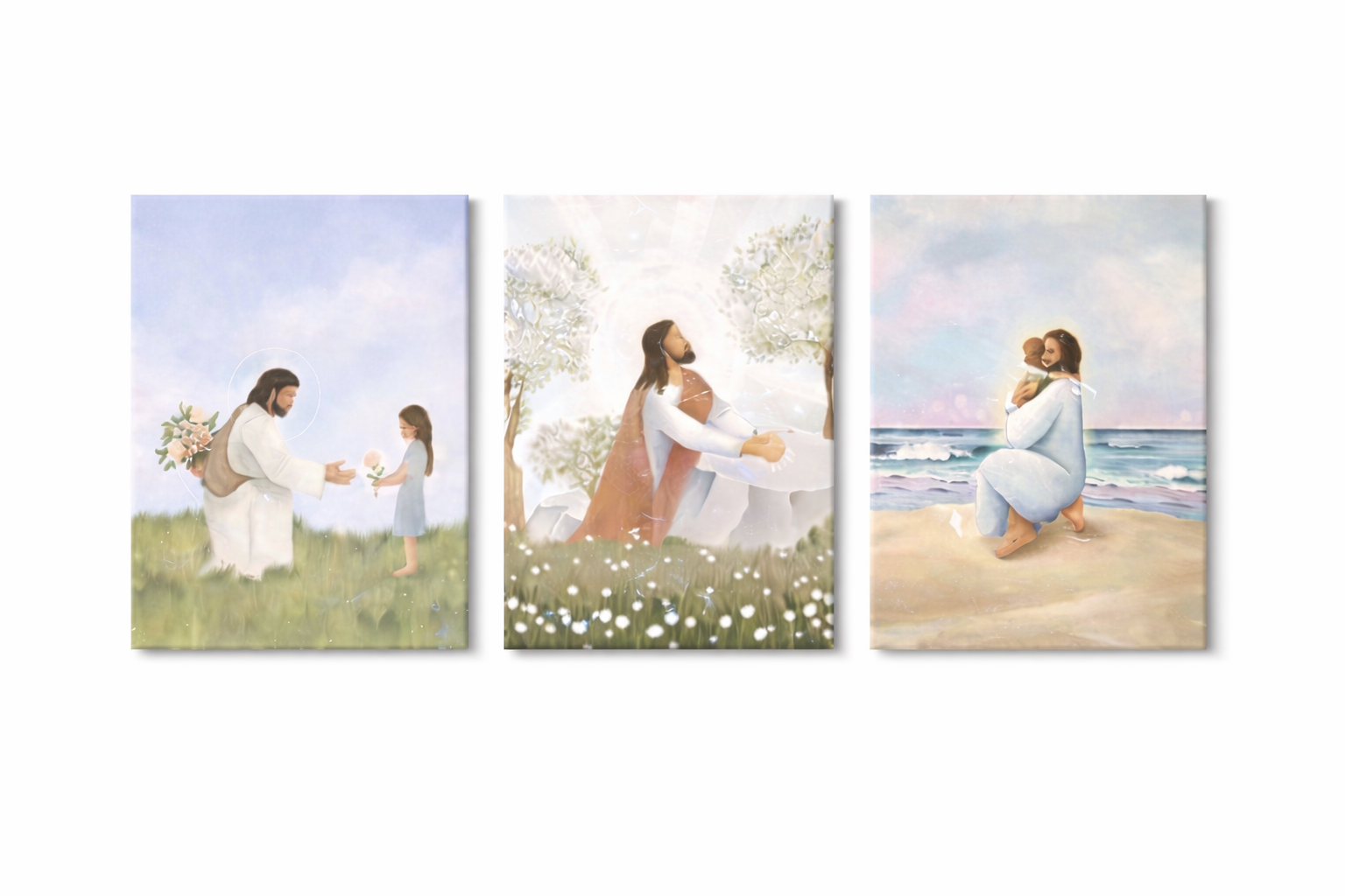 Triptyque Jésus et Enfant – Tableaux Muraux Catholiques Aquarelle Pastel 2D - 3 pièces