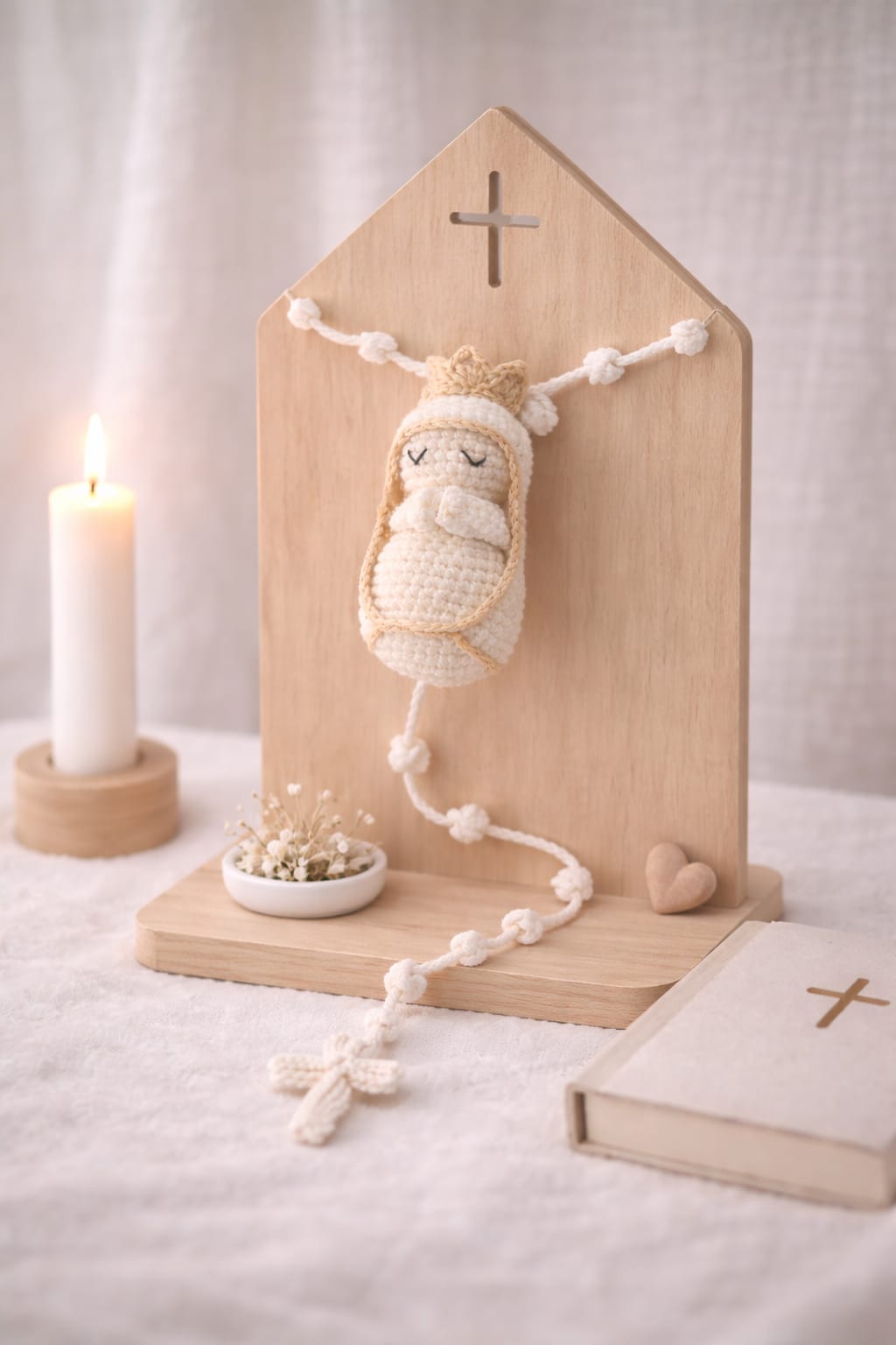 chapelet posé dans un coin de prière ou décor maison