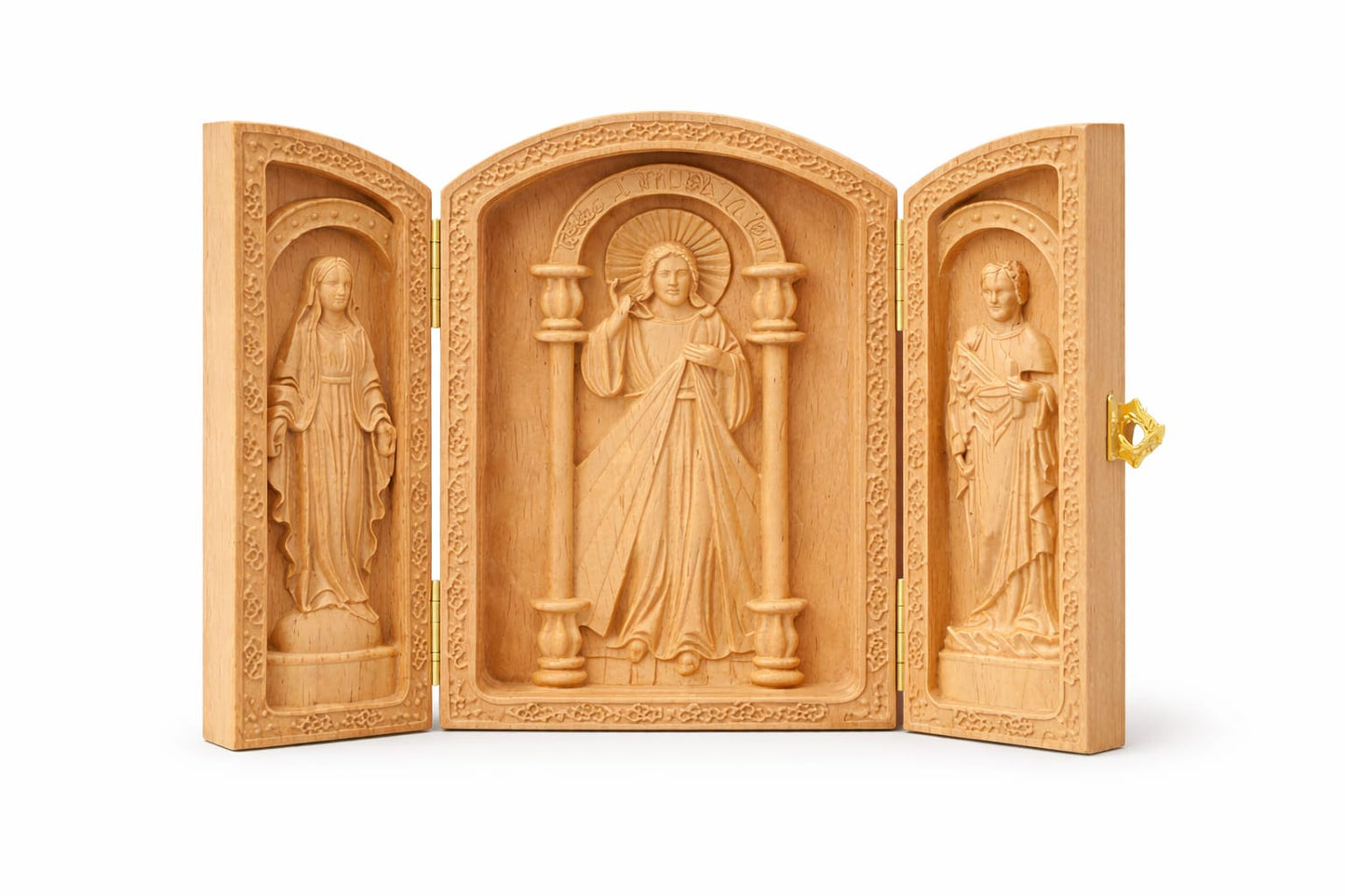 Mini statue catholique de voyage Jésus Marie et Saint Joseph en bois