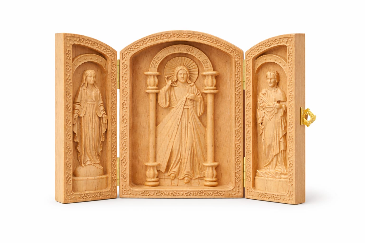 Mini statue catholique de voyage Jésus Marie et Saint Joseph en bois