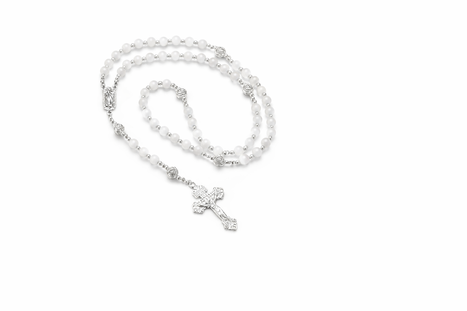 Chapelet Perles Roses et Œil de Chat Blanc – Bijou Catholique Mixte