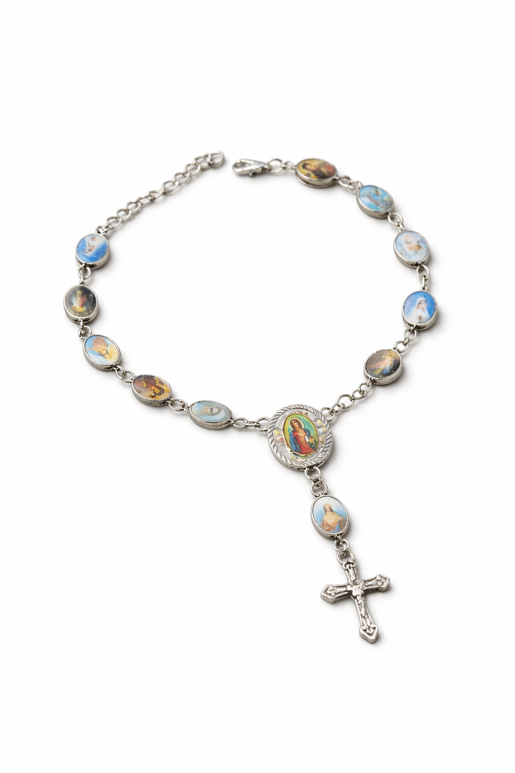 Chapelet de Voiture Marie & Jésus Argenté – Suspension Catholique Vintage pour Rétroviseur avec Croix