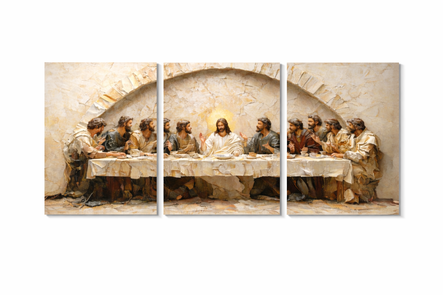 Tableau La Cène en 3 Panneaux – Triptyque Chrétien Mur Blanc, Style Relief 2D
