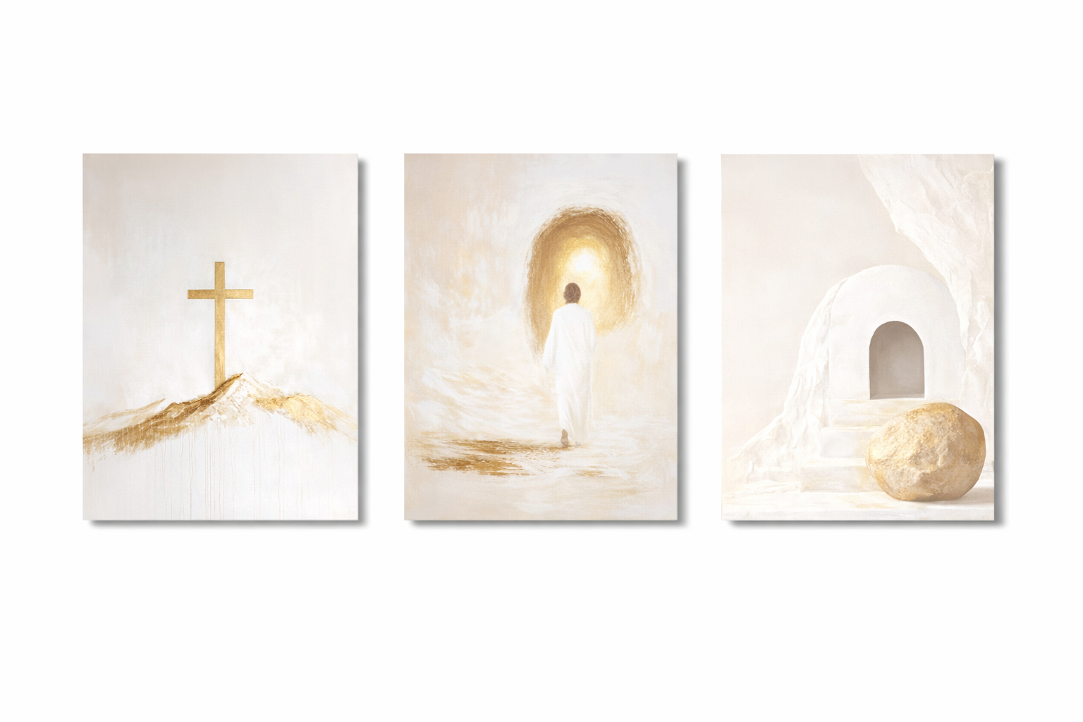 Triptyque Chrétien Beige Doré 30x40 cm – Croix & Résurrection, sans cadre