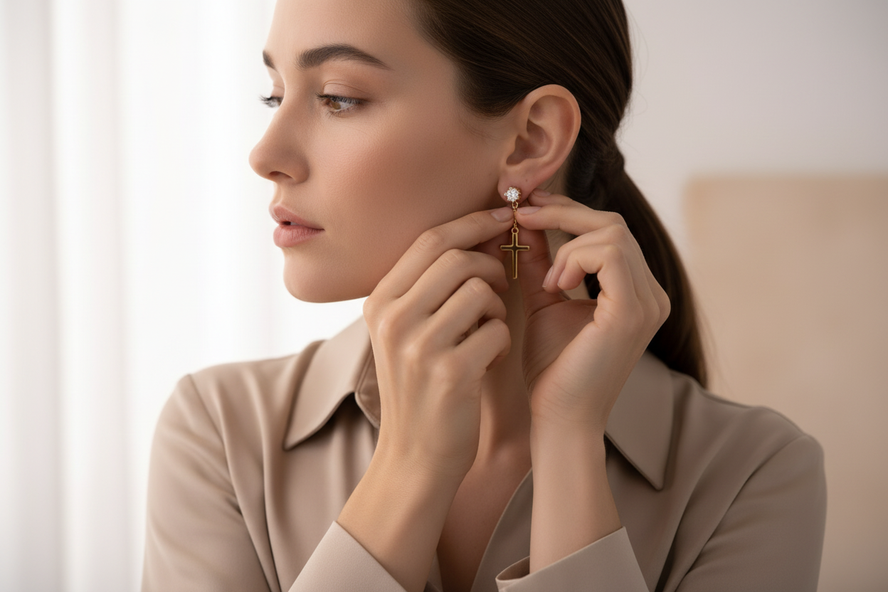 Femme portant des boucles d'oreilles en croix dorées