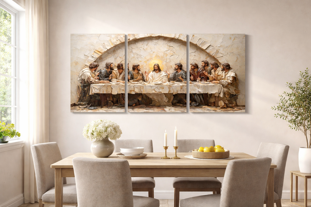 Tableau La Cène en 3 Panneaux – Triptyque Chrétien Mur Blanc, Style Relief 2D