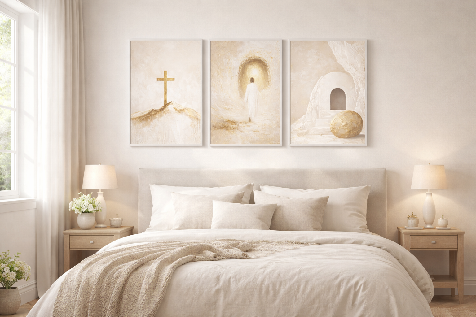 Triptyque Chrétien Beige Doré 30x40 cm – Croix & Résurrection, sans cadre
