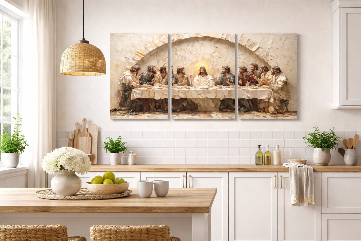 Tableau La Cène en 3 Panneaux – Triptyque Chrétien Mur Blanc, Style Relief 2D