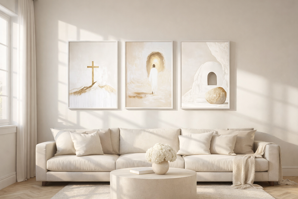 Triptyque Chrétien Beige Doré 30x40 cm – Croix & Résurrection, sans cadre