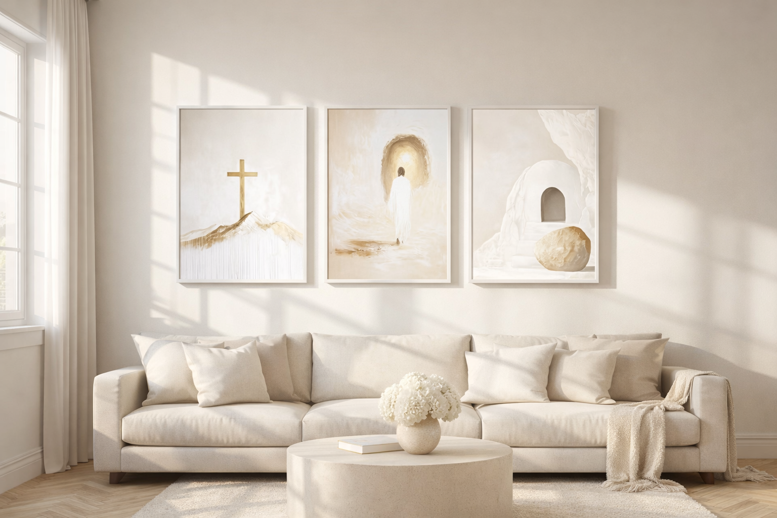 Triptyque Chrétien Beige Doré 30x40 cm – Croix & Résurrection, sans cadre