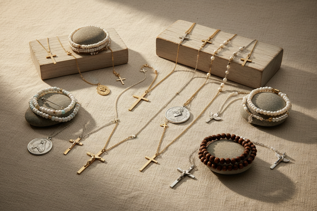 une selection de bijoux chrétiens catholiques pour enfants et adultes bien présenter 